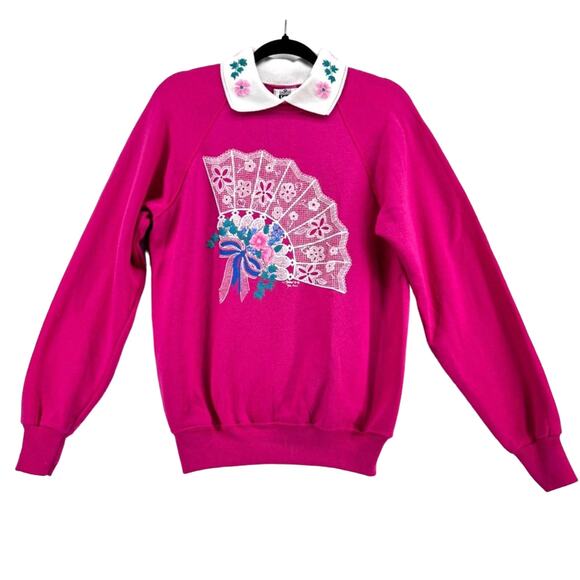 80s 90s Vintage Lee Grandmacore Cottage Core Granny Hot Pink Sweatshirt Medium - Picture 1 of 7